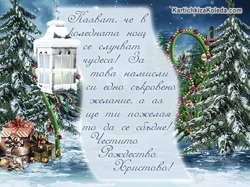 Казват, че в коледната нощ се случват чудеса! За това намисли си едно съкровено желание, а аз ще ти пожелая то да се сбъдне! Честито Рождество Христово!