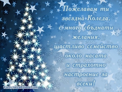 Пожелавам ти звездна Коледа,
с много сбъднати желания,
щастливо семейство около масата
и страхотно настроение за всеки!