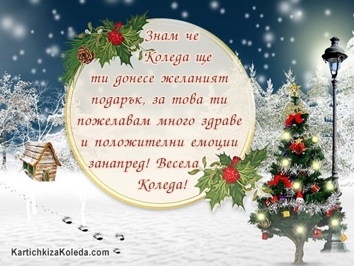 Знам че Коледа ще ти донесе желаният подарък, за това ти пожелавам много здраве и положителни емоции занапред! Весела Коледа!